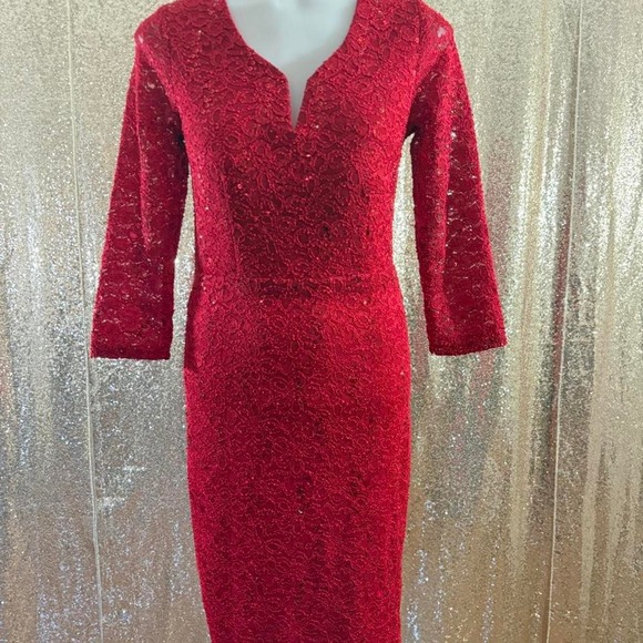 Poly USA Dresses & Skirts - Red Lace Sequin Midi Dress V-Neck 3/4 Sleeve Back CutoutParty/Sizes S-M-L